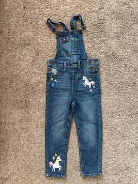 Girls' Denim Unicorn Embroidered Overalls - Blue 4t wonder nation